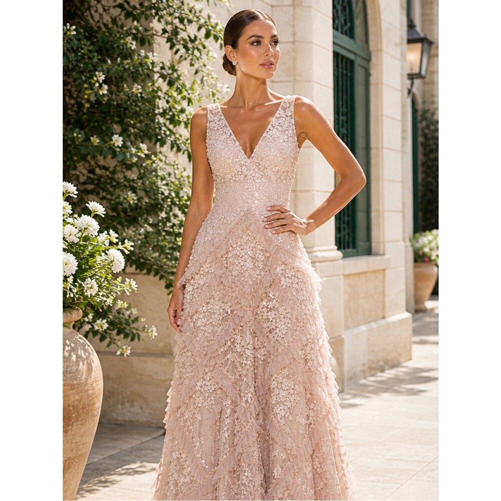 Mac‎ Duggal Blush Sequin Tiered Ruffle V-Neck Gown Size 12 NWT Floral